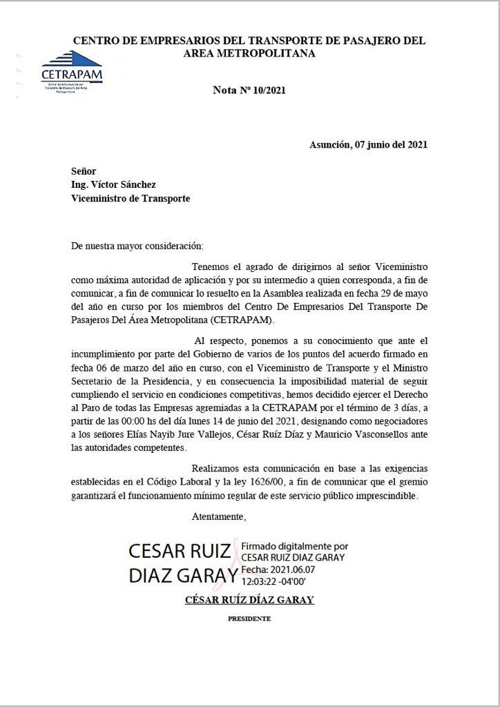 Cetrapam anuncia paro total de buses