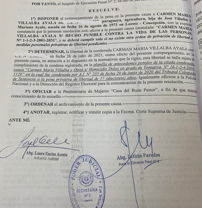 Resolución de la jueza Letizia Paredes, sobre la condena de Carmen Villalba. Foto: gentileza.