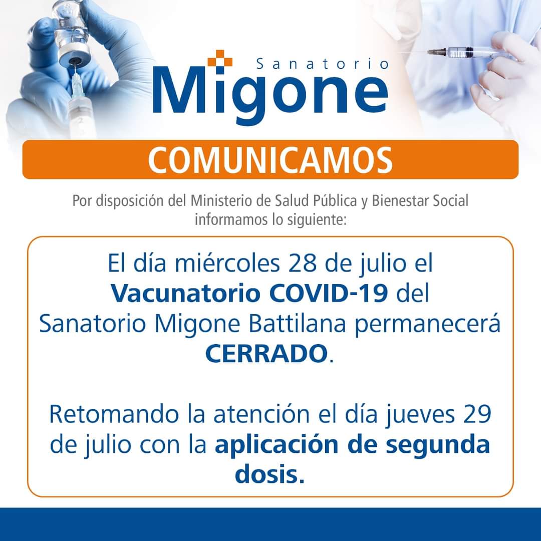 Vacunatorio del sanatorio Migone también tendrá una pausa el día de mañana