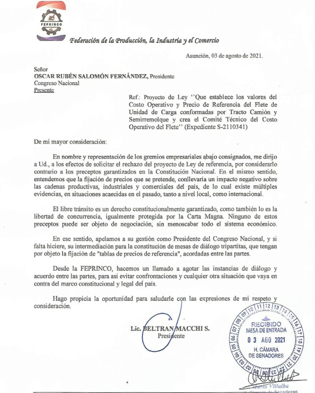 Feprinco pide al Congreso rechazar el proyecto de ley de fletes que exigen camioneros