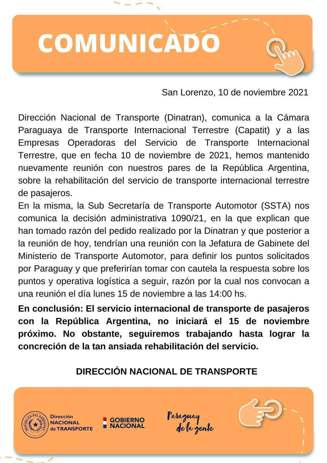 Comunicado de la Dinatran