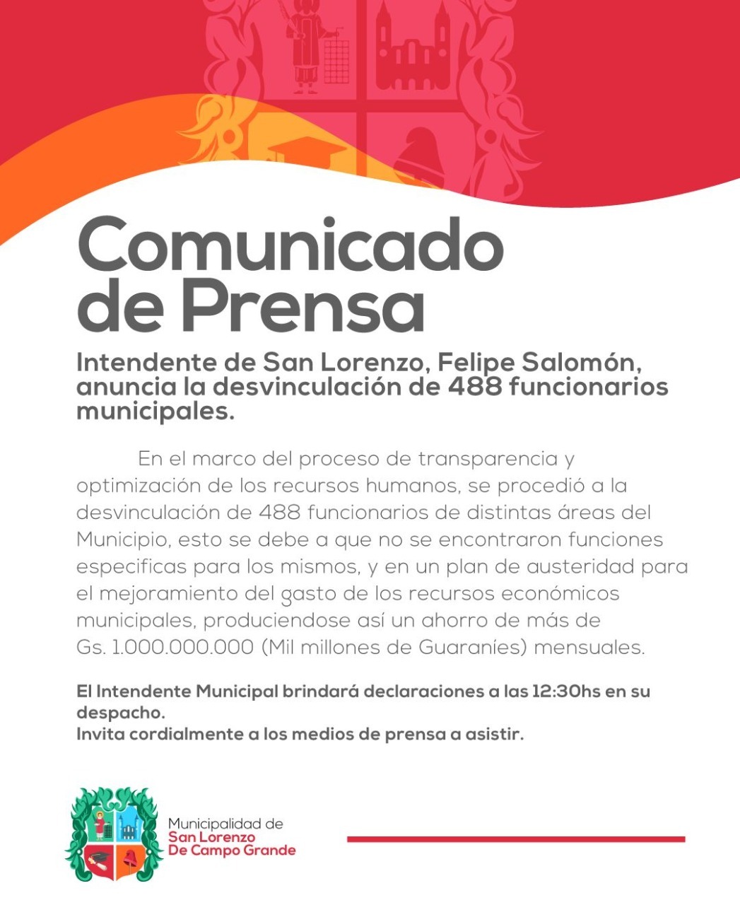 Intendente de San Lorenzo desvinculó a 488 funcionarios