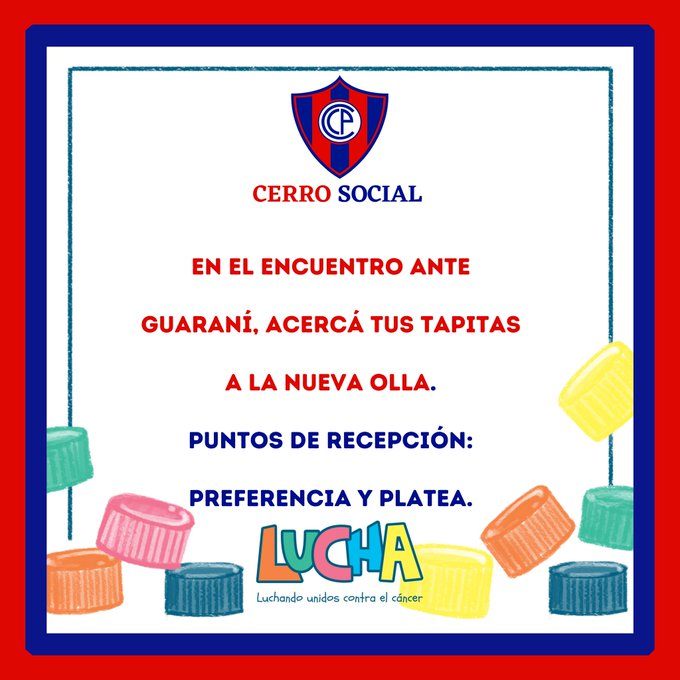 Ayudá a niños con cáncer donando ‘tapitas’ este sábado en el partido del Ciclón contra Guaraní. Foto: Cerro Social.