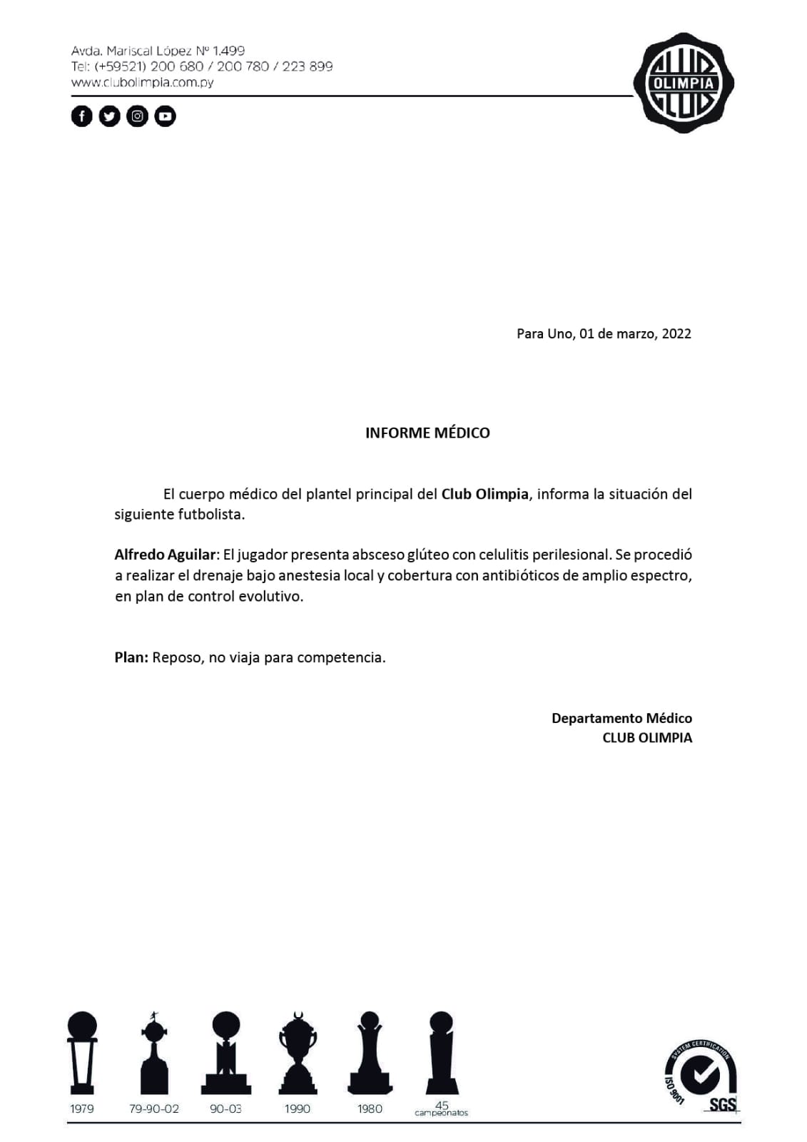 Informe médico sobre la situación de Alfredo Aguilar