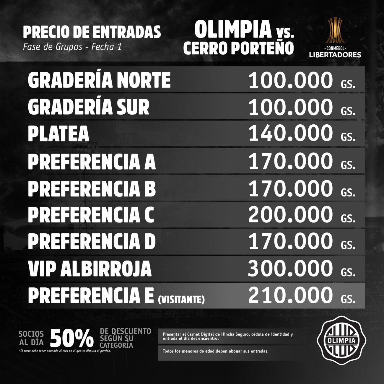 Precios de las entradas para el partido entre Olimpia y Cerro Porteño.