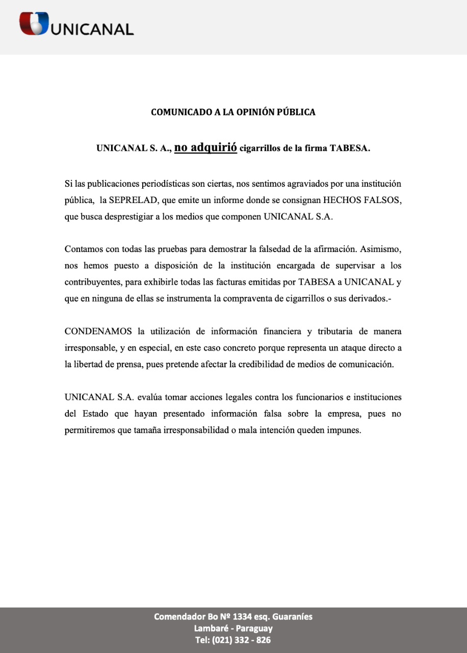 Comunicado a la opinión pública de Unicanal S.A.