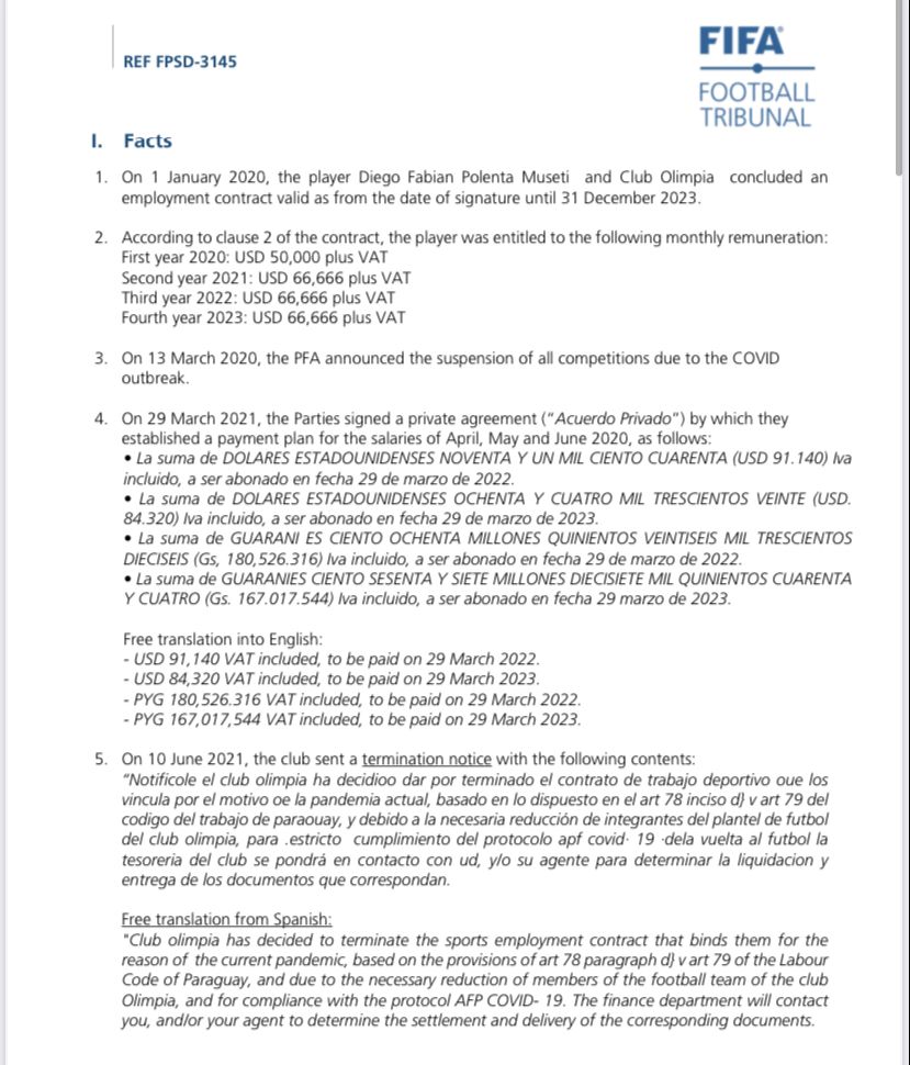 Resolución de la FIFA para Olimpia. Foto: captura de pantalla del documento.