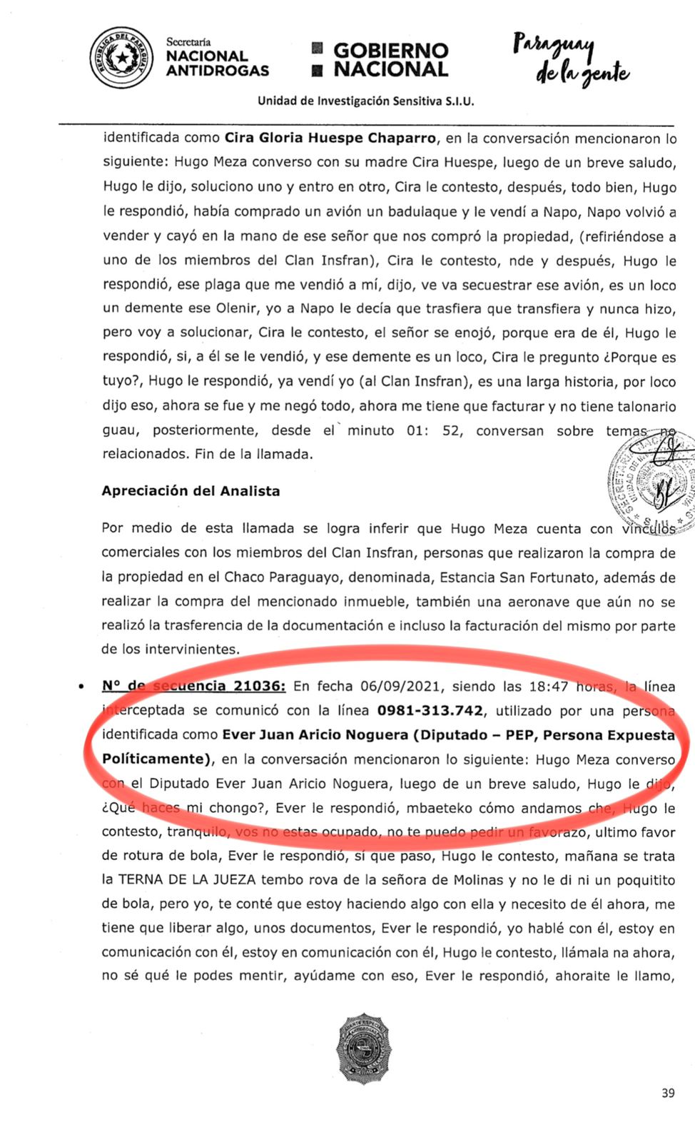 Conversación entre Noguera y Meza de septiembre del año pasado