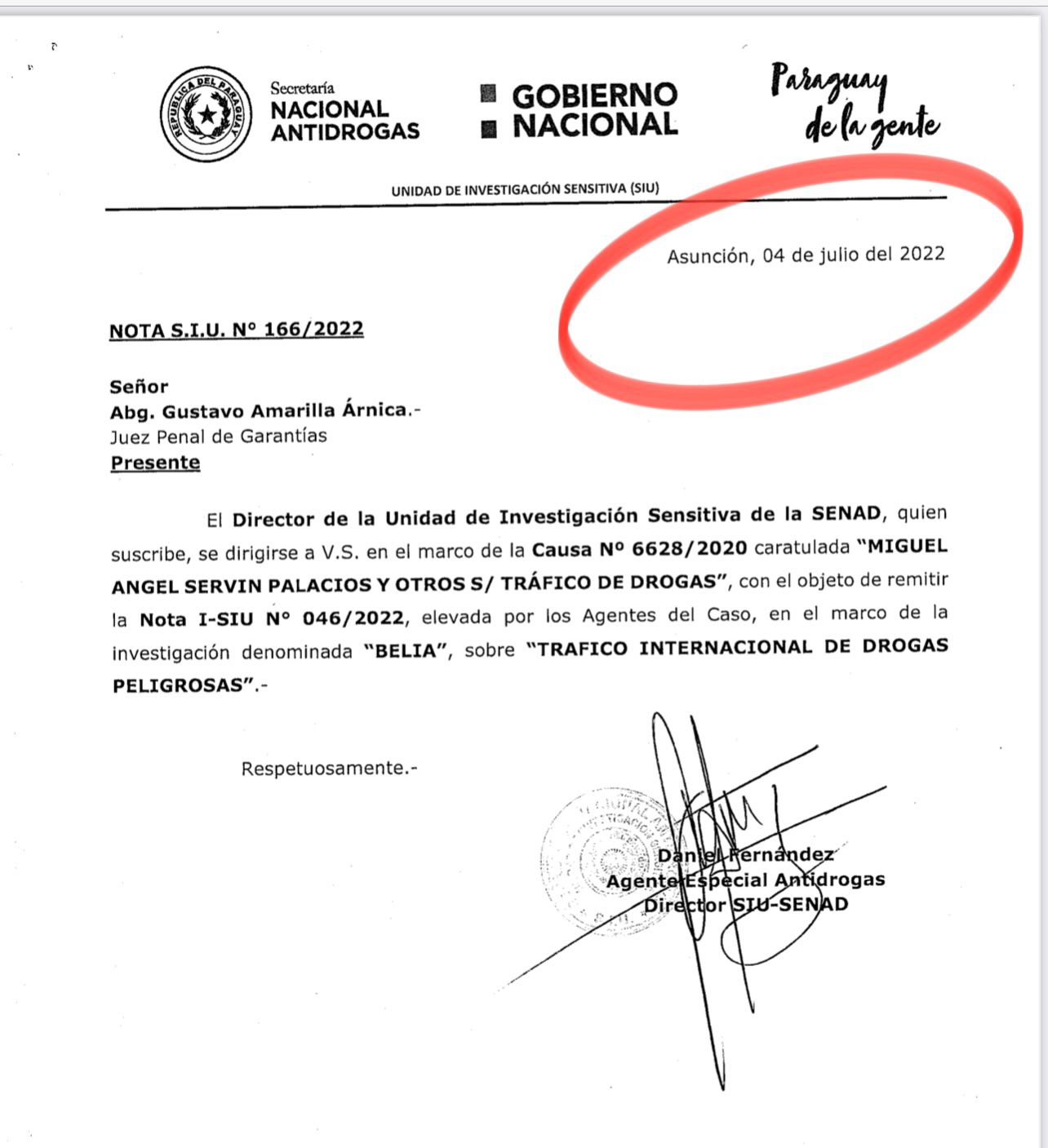: En la pag. 48 del informe de la Senad remitido a fiscalía y al juez de la causa por tráfico de droga