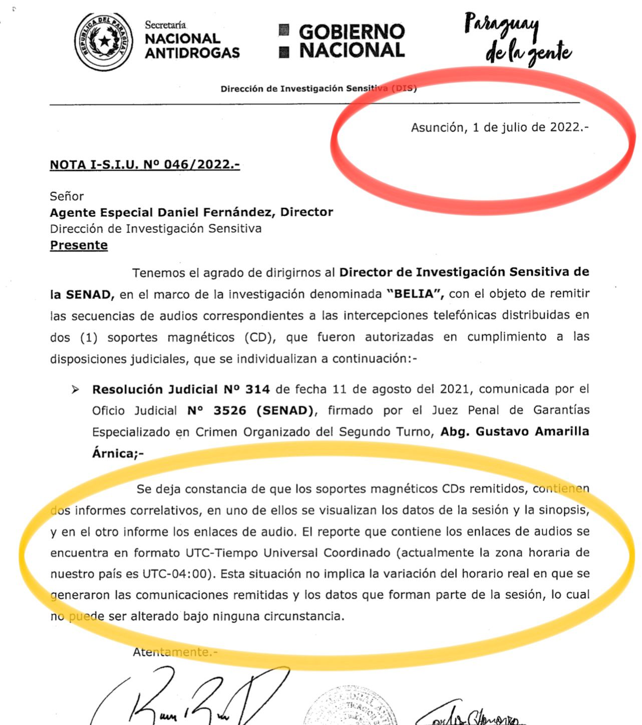 : El 1 de julio de este año, inteligencia de la Senad remite los detalles de las intercepciones telefónicas