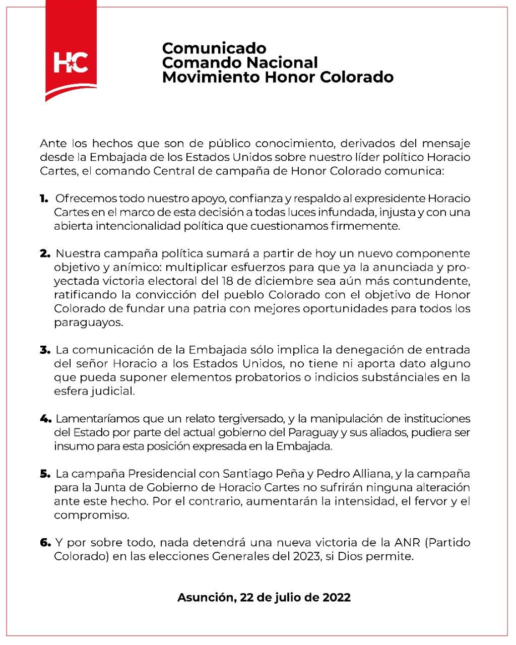 Comunicado del Movimiento Honor Colorado